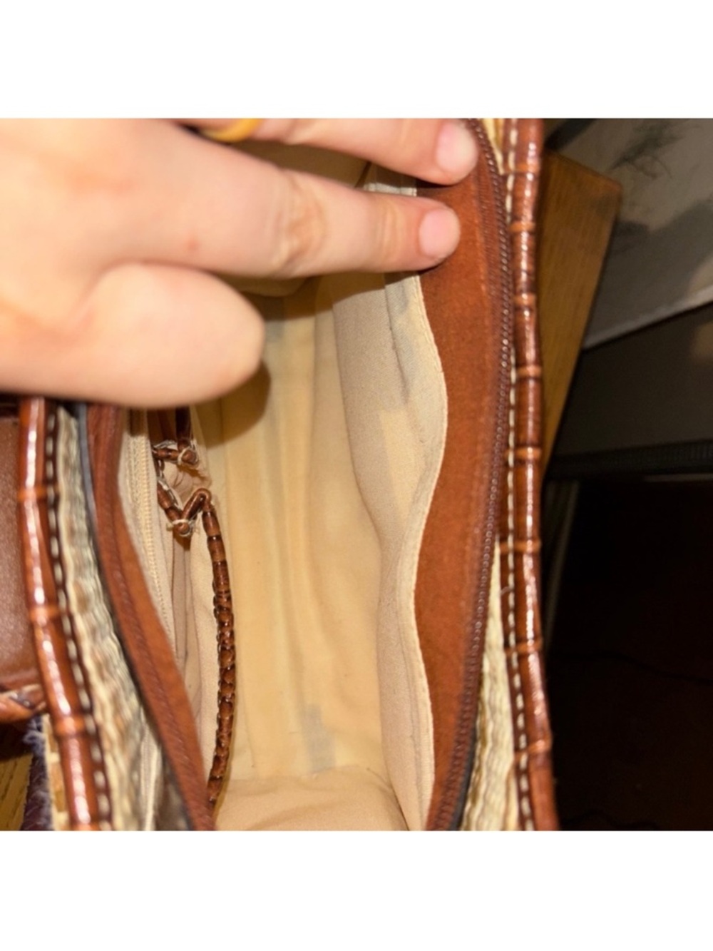 Brown Croc-Trim Woven Shoulder Bag - Picture 3 of 3